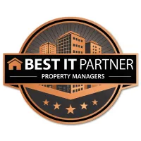 Best IT Partner badge for property managers, showcasing a modern building design and excellence in IT services for property management.