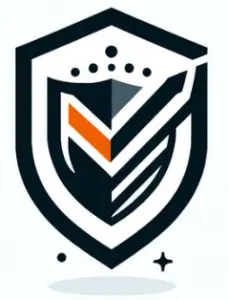 Shield logo with a modern design, featuring a checkmark and orange accent, symbolizing security and reliability.