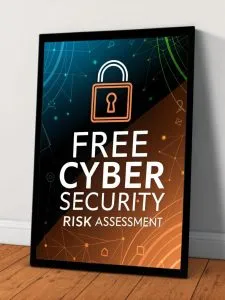 Poster promoting a free cyber security risk assessment for small businesses in Florida, offered by RRG Networks.